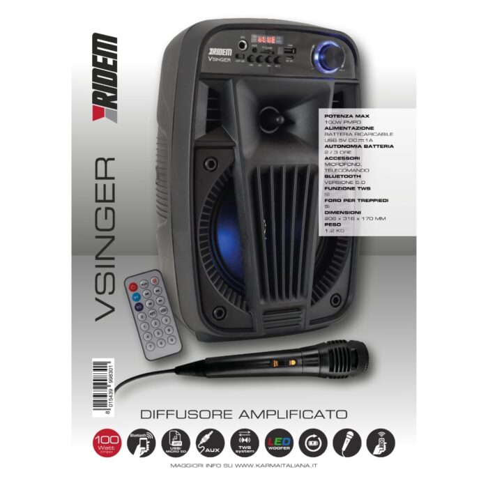 Coluna Portátil 6,5" 100W USB/SD/BT/BAT/TWS + 1 Microfone - Image 2